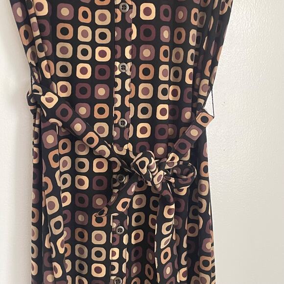 Retro Geometric Print Midi Dress Sz 12 Belted Stretch Shirt Dress Mod Y2K Office - Picture 5 of 8